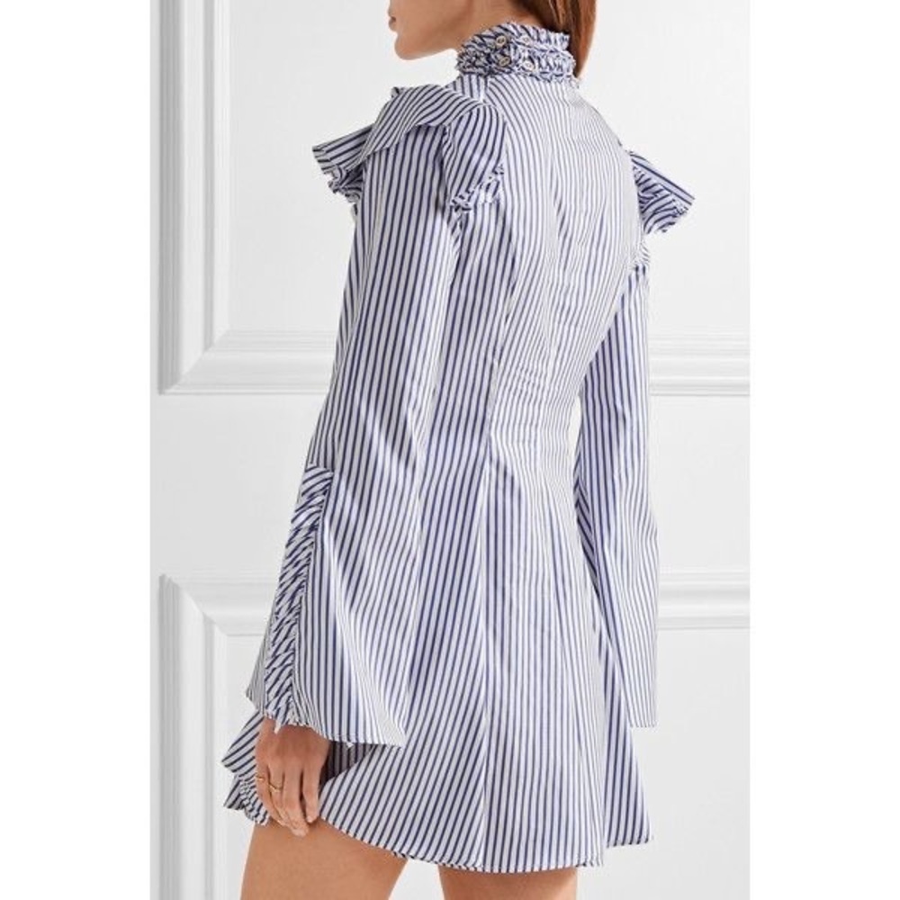 Caroline Constas Micki Choker V Neck Cotton Striped Ruffle Dress 4 - Picture 2 of 13